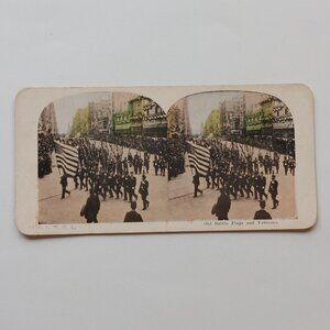 Antique Stereograph Card Battle Flags and Veterans Parade